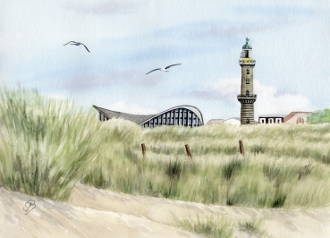 Poster DIN-A3 Aquarell Maritim Kunst Druck Kunstdruck Ostsee Leuchtturm Warnemünde Rostock Teepott Düne WA9